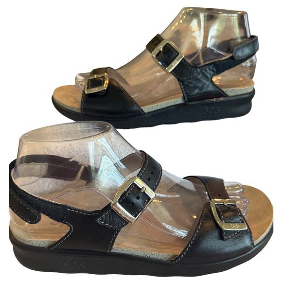 SAS Tripad Comfort Sandals 7.5 M Black Leather Arch Support Double Straps EUC - Picture 3 of 7